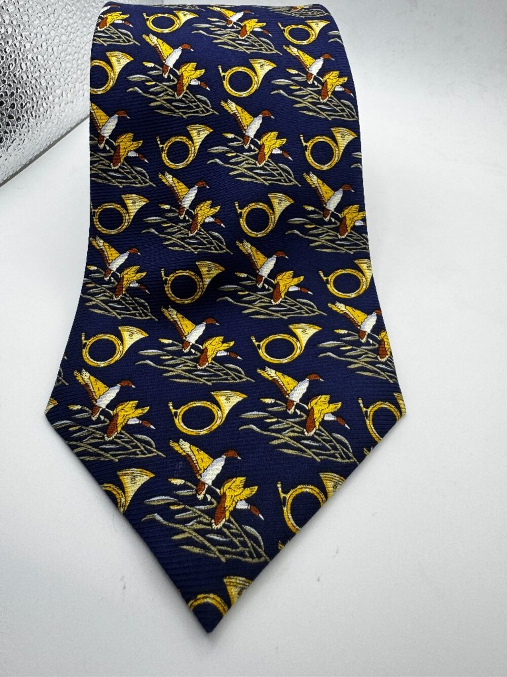 Vintage Alfredo Bendiny Italy Silk Tie Flying Mallard Duck Hunting Horn Novelty